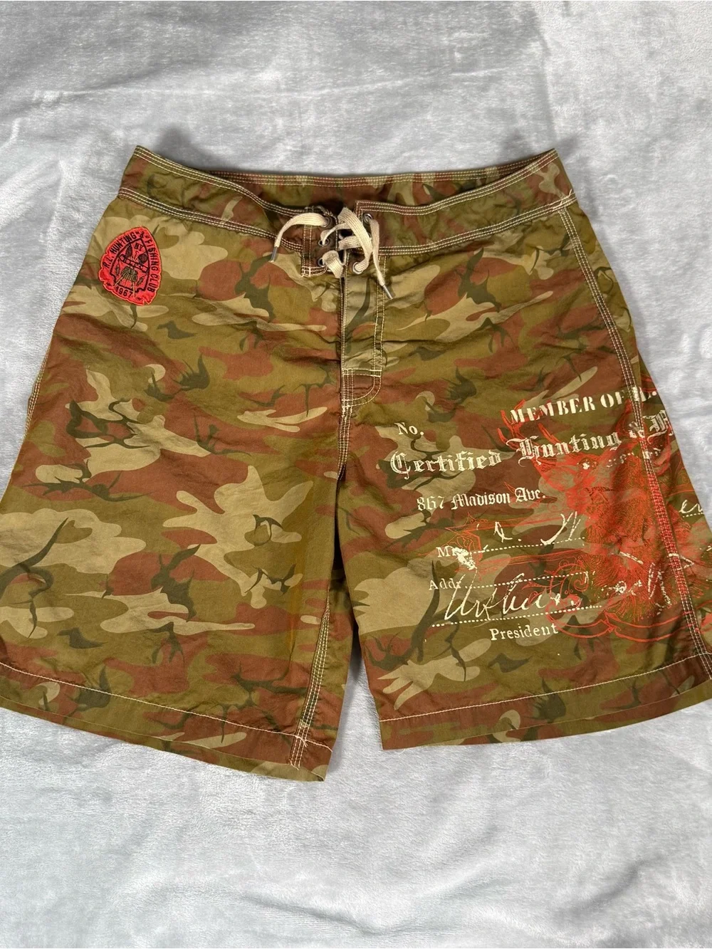 Vintage Polo Ralph Lauren Board Shorts Mens 34 8.5” Hunting Fishing Club Camo